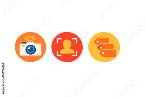 Icons represent photography, user profile, and tagging in a modern digital context highlighting everyday technology use