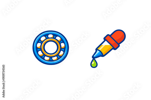 Colorful drawing of a bearing and a dropper on a white background showing the shapes and designs of the two objects clearly
