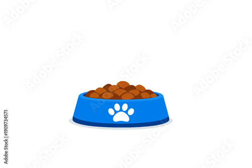 Blue pet food bowl filled with brown kibble placed on a white background during daytime