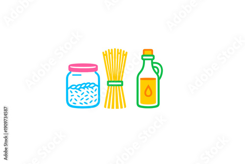 Ingredients for cooking with grains, pasta, and oil in a simple arrangement for meal preparation on a plain background