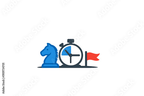 Chess timer and knight piece on a table with a red flag ready for the game at a chess tournament