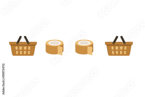 Basket and tape on a white background used for packaging and shipping items in a simple workspace setting