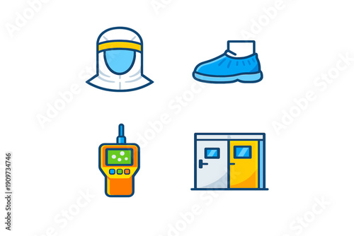 Different items related to safety and monitoring used in work environments including protective gear, footwear, and equipment
