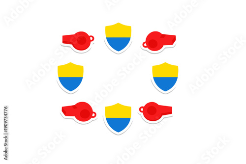Colorful shapes of shields and whistles arranged in a circular pattern with blue and yellow colors on a white background