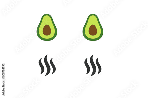 Creative illustration shows avocados with steam lines below, indicating freshness or cooking activity with simple design elements