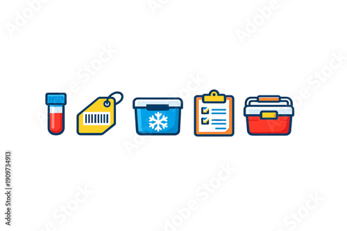 Different items used in medical testing and transportation arranged in a line for easy viewing and organization in a clinical setting