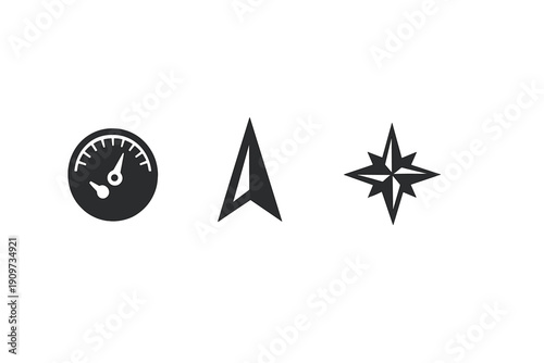 Icons of navigation and measurement show a speedometer, arrow, and compass symbols on a plain background representing tools for direction and speed