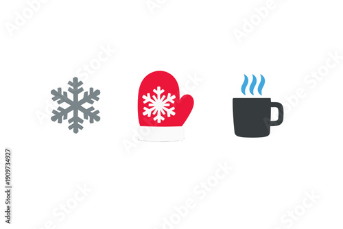 Winter symbols showing snowflake, mittens, and hot drink for cold weather