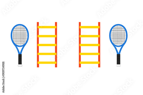 Two tennis rackets and two sets of ladders are placed side by side on a plain background for a sport-themed display or activity