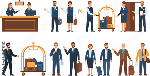 Hotel Staff and Guest Characters Set with Reception Service, Bellhop Luggage Cart, Concierge Assistance, Check In, and Hospitality Business Cartoon Vector Illustration