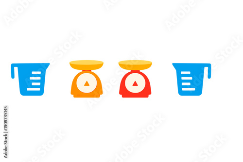 Different types of measuring tools are lined up on a white background, showcasing blue and transparent cups along with colorful kitchen scales