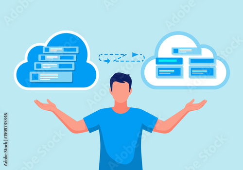 A man balances two clouds, illustrating data migration or transfer between different cloud storage and organization systems.