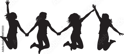 Four girls jumping and holding hands in the air together