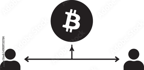 Two figures exchanging bitcoins with a central bitcoin symbol