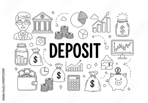 Various financial and banking doodles surround the bold word DEPOSIT, illustrating concepts of money and investment.