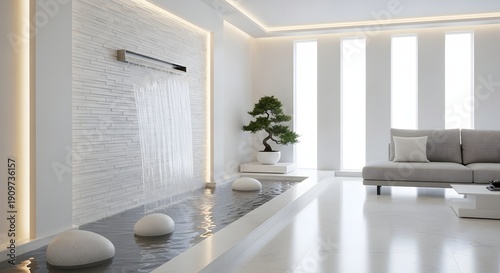 Modern living room with indoor water feature and minimalist decor