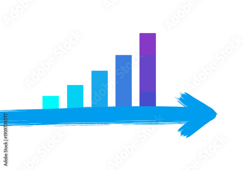Gradient colored bar chart showing progress with a large blue painted arrow pointing right on a white background.