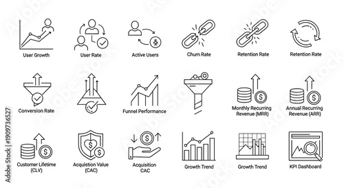 Set of outline icons depicting various business metrics and analytical concepts such as growth and revenue.