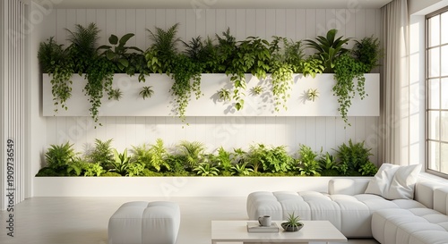 Modern living room with lush green plants on white walls and furniture