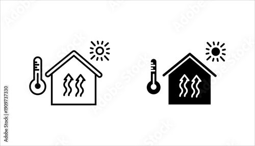 Outline icon set. of a house with thermometer and sun symbol representing temperature control, heating system, climate regulation, and home comfort.