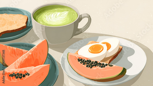 A vibrant still life of a healthy breakfast with papaya, toast, and matcha coffee