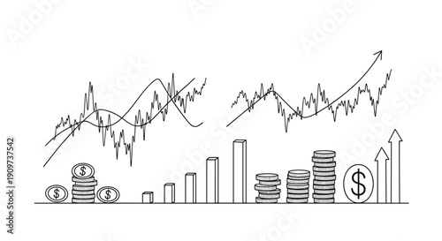Hand-drawn financial charts, rising bar graphs, and stacks of coins with dollar signs illustrate investment and economic growth.