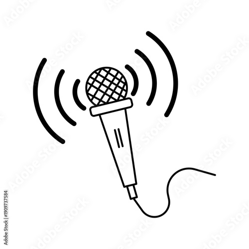 Outline icon of a microphone emitting sound waves symbolizing broadcasting, live streaming, audio transmission, podcasting, and voice communication.