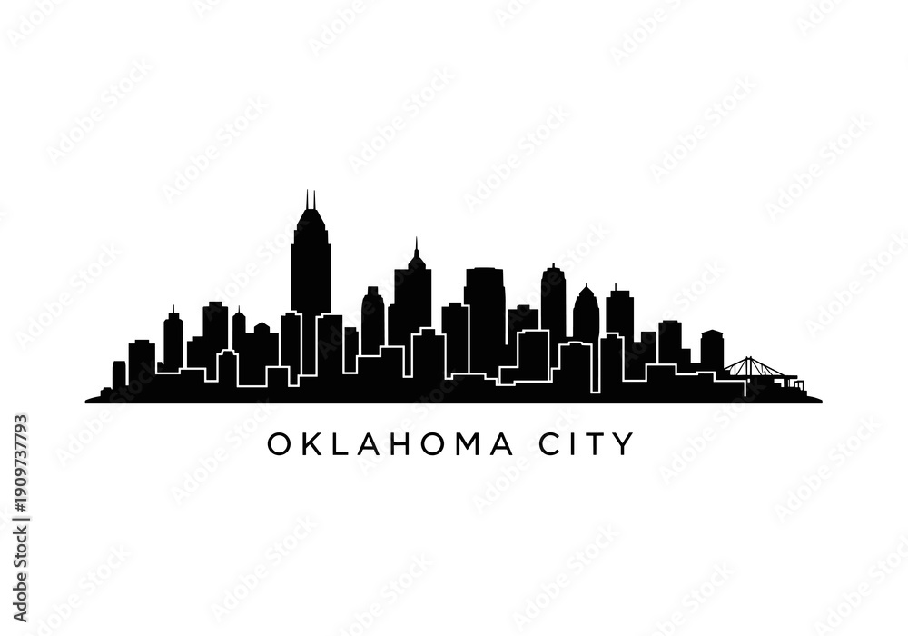Fototapeta premium A black silhouette skyline of Oklahoma City featuring various tall buildings and a bridge with the city name below.