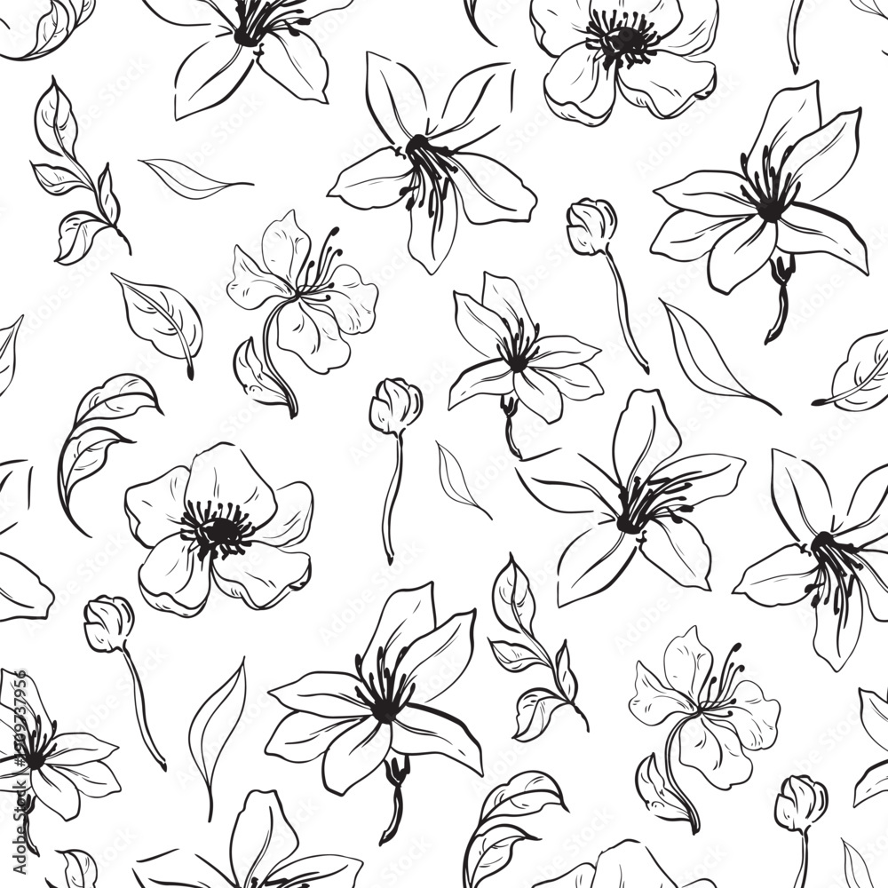 Obraz premium Seamless handmade pattern featuring various flowers and leaves vector graphics. The design is elegant and suitable for textiles or wallpaper.