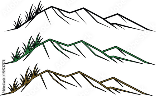 Minimal mountain landscape line art with grass and rocky peaks in black, green, and brown tones. Hand-drawn nature illustration showing hills, wilderness, and outdoor scenery. Clean sketch style 