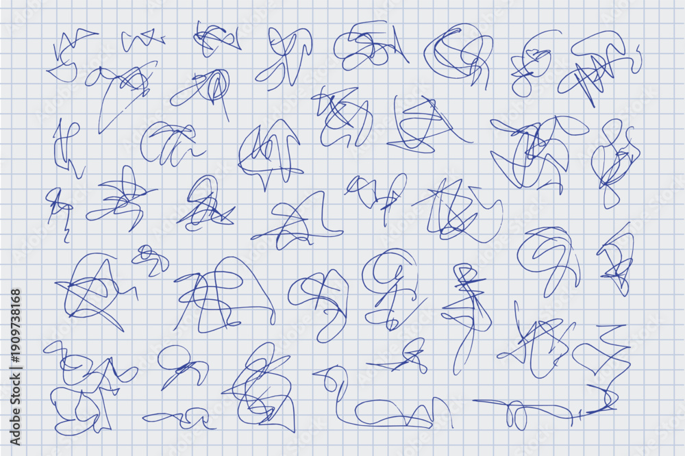 Obraz premium Abstract blue pen scribbles and doodles on graph paper background. Chaotic hand-drawn lines, random sketches and messy strokes. Concept of creativity, confusion, notes, education, design texture.
