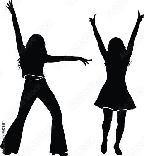 Happy dancing women silhouettes celebrating together female party motion disco club night lifestyle energy joy fun young girls jumping isolated.