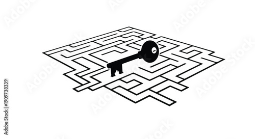 Simple black line art illustration of large key on top of complex maze puzzle on white background for business concept of solution and success