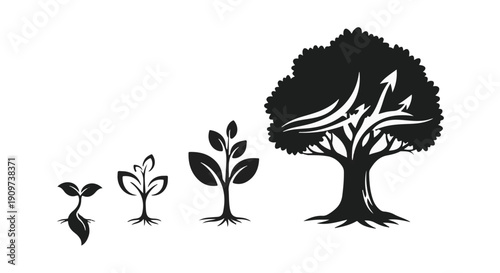Growth and development concept with tree silhouettes in various stages from seedling to mature tree on white background