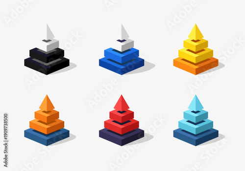 Six colorful pyramid-shaped infographic elements are arranged in two rows on a plain white background.