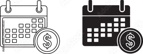 Black and white calendar and dollar coin line solid fill financial planning