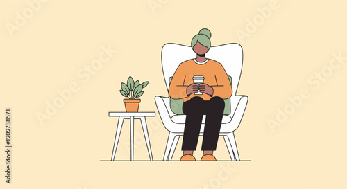 Relaxed woman sitting in a white armchair, holding a coffee cup. Illustration style with flat design. Ideal for wellbeing, lifestyle, and home design concepts.