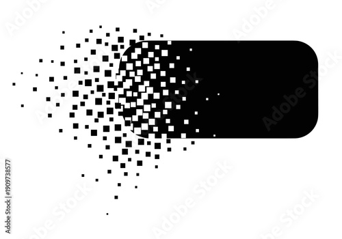 A black rounded rectangular shape is shown disintegrating into small black squares on a white background.