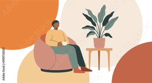 Minimalist illustration of a person relaxing in an armchair with a coffee cup, next to a plant. Perfect for designs about lifestyle, relaxation, home decor.
