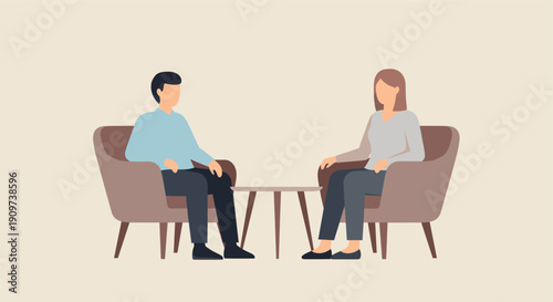 Flat illustration of a man and woman seated in chairs having a discussion or therapy session.  Neutral tones create a calm, inviting mood. Useful for mental health and wellness content.