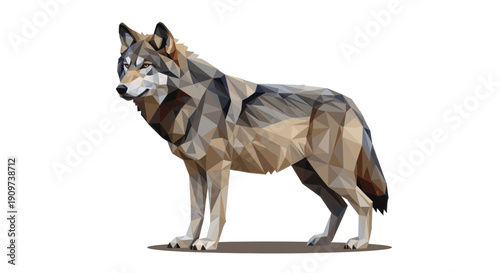 Polygonal vector illustration of a wolf standing, isolated on a white background. Use for branding, design elements, wildlife projects or digital art.