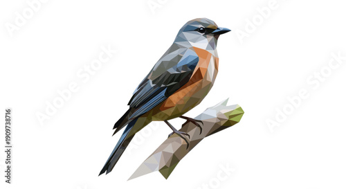 Illustration of a rufous-backed robin bird sitting on a branch, created in low poly style. Suitable for graphic design, nature illustration, or animal-themed projects.