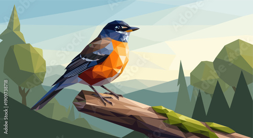 Low polygon illustration of a robin bird perched on a mossy branch in a forest. Great for environmental, design or bird watching themes.