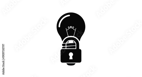 Creative idea and security concept with lightbulb and locked padlock in black and white minimalist illustration