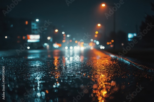 Reflections on wet asphalt rainy city street at night with soft bokeh lights and cinematic moody tone