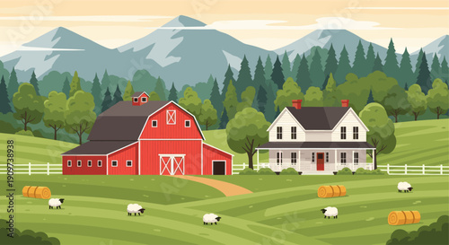Cartoon illustration of a peaceful farm landscape with a red barn, white farmhouse, grazing sheep, and mountains. Ideal for children's books, educational materials, or travel brochures.