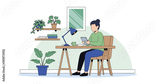 Stylized illustration of a woman at a desk using a tablet. Suitable for remote work, freelance, lifestyle, and technology related content. Minimalistic and modern design.