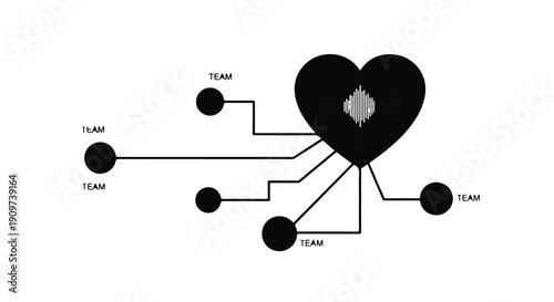 Heart with connected nodes network diagram illustrating love and teamwork concept in modern business and social relationships