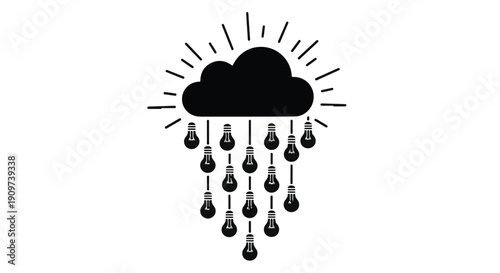 Simple black cloud with raindrops and sun rays isolated on white background, weather icon concept