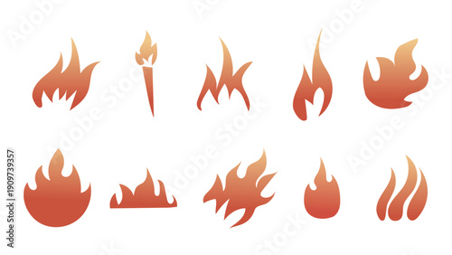 Hand drawn fire icons, collection of burning flames and heat symbols for web and app design.